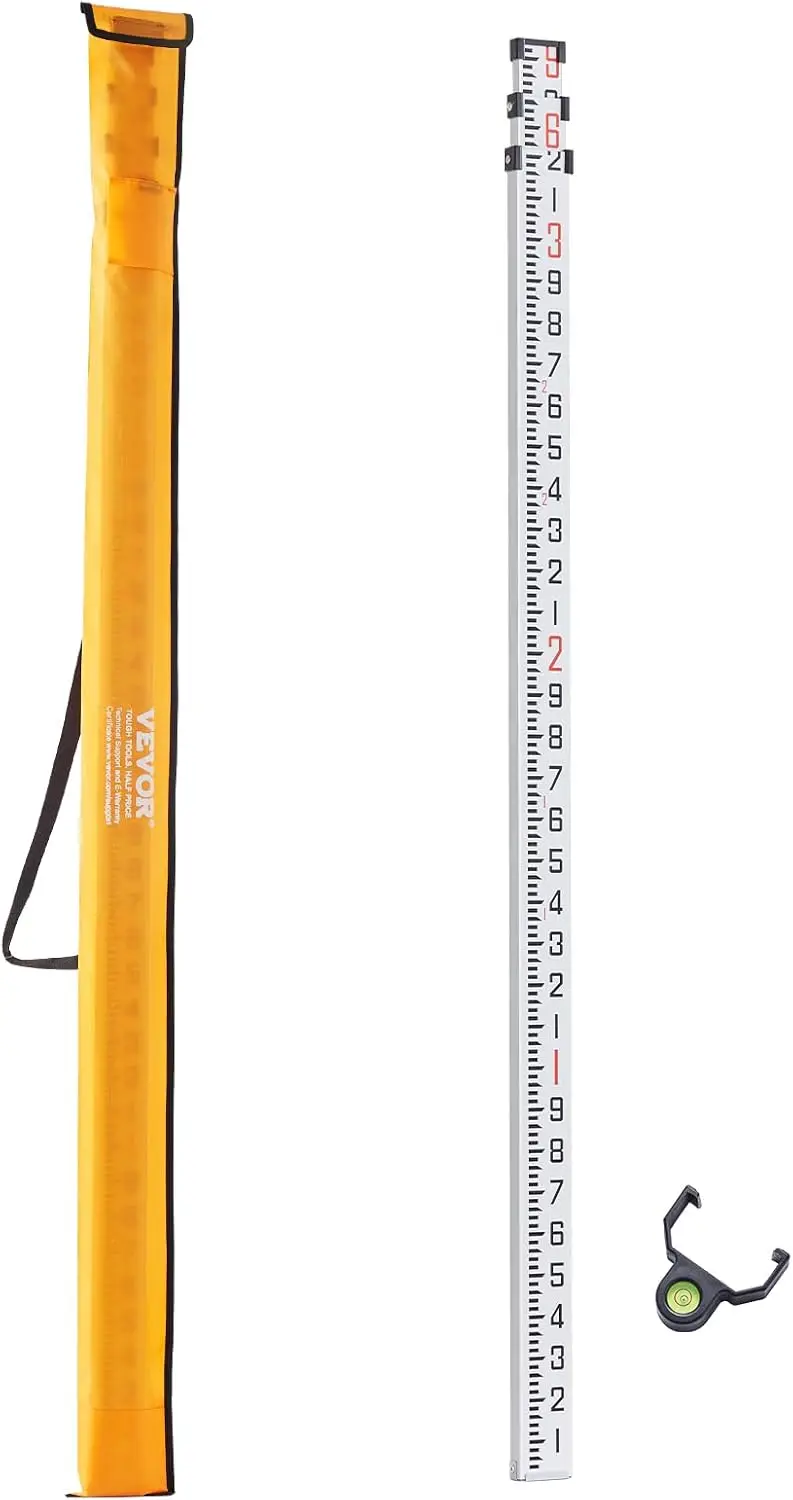 Aluminum Grade 9-Feet 3 Sections Telescopic Measuring Rod, Double-Sided Scale 1/10ft Leveling Rod