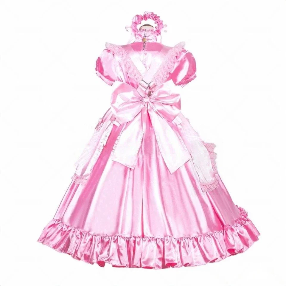 Sexy Sissy French Maid Pink Satin Lockable Robe Ruffle Dress Cosplay Costume Customizable
