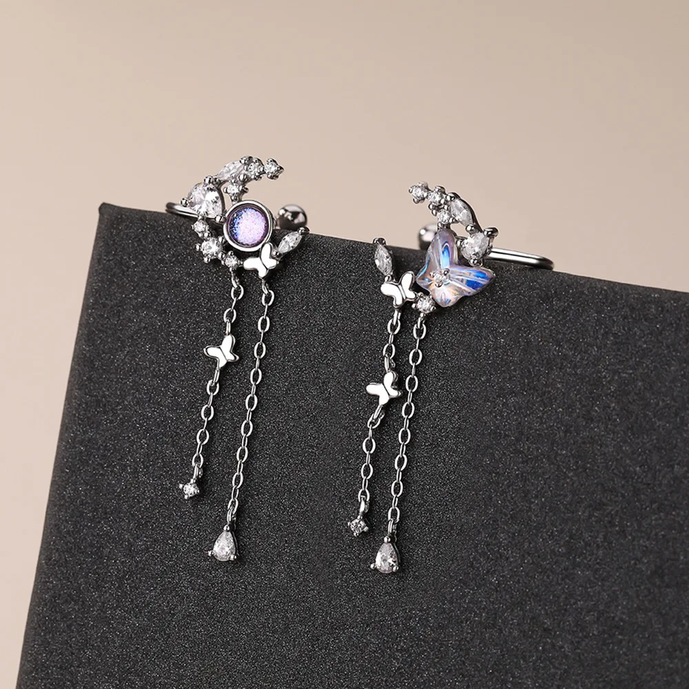 

New S925 Silver Moon Wreath Earclip Female Butterfly Illusion Color Zircon Tassel Super Fairy Earrings Wedding Jewelry