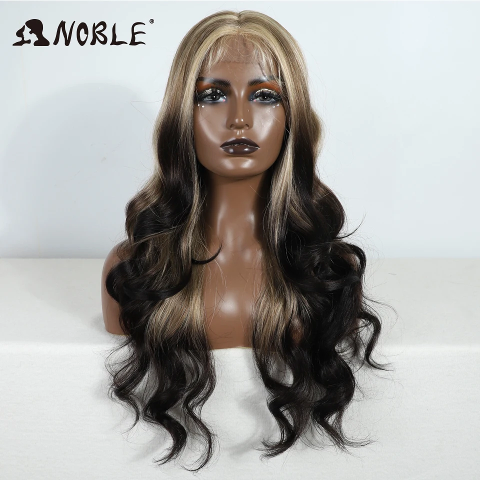 Edle Lace-Front-Perücke, synthetisch, 28 Zoll, mit honigbraunen Highlights, gewellte Perücke, blonde Perücken für Damen, Lace-Perücke, synthetische Lace-Front-Perücke. – Detail 9