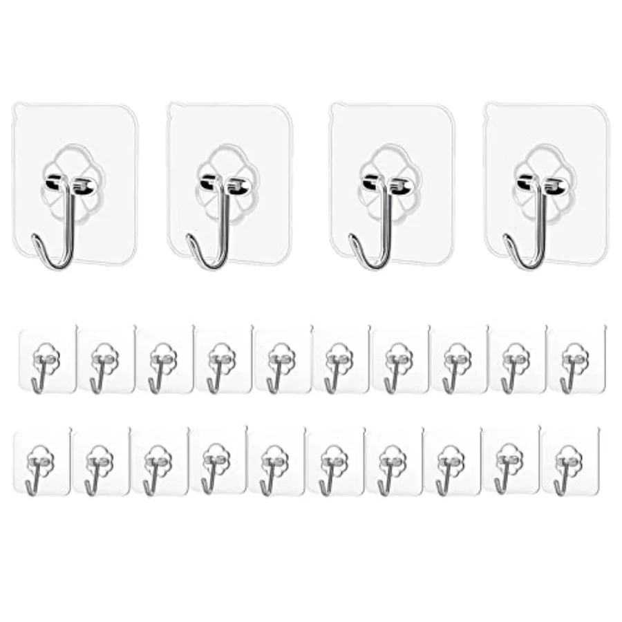 Adhesive Hooks Kitchen Wall Hooks - 24 Packs Heavy Duty 24lb Max Nail Free Transparent, Waterproof, Sticky Stainless Hangers fo