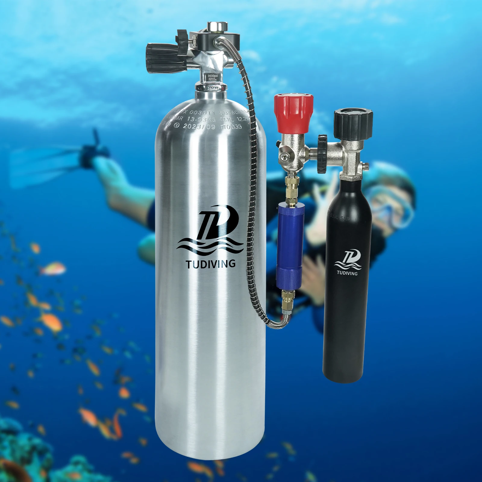 TUDIVING 300Bar 11.1L Scuba Diving Cylinders Support One hour Reusable Oxygen Tank Diving Equipment Underwater Breathing Tank