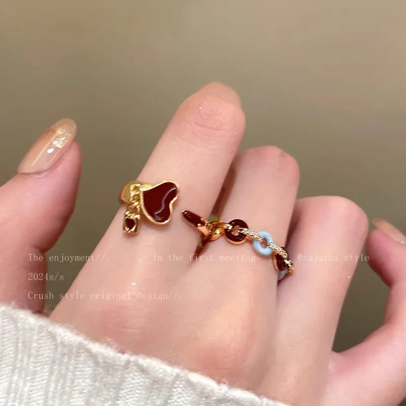 Ring Wine Red Enamel Pearl Adjustable Open Gold Tone Alloy Premium Elegant Versatile Charming Jewelry for Women Casual