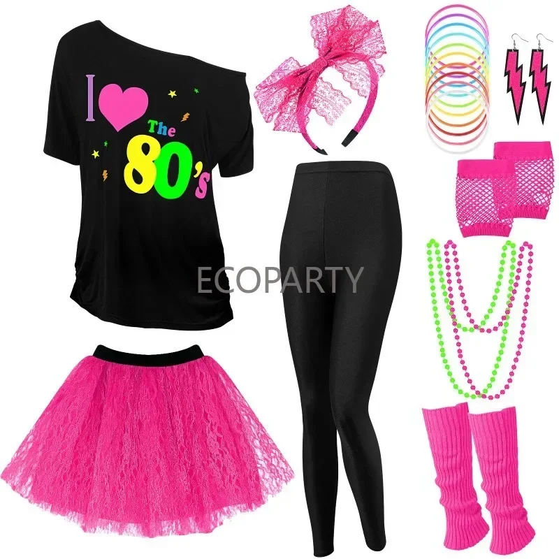 New Women 80s Costume Accessories Set for Halloween Cosplay Retro Party Costume Bracelets Fishing Nets Gloves Earring Necklace image 3