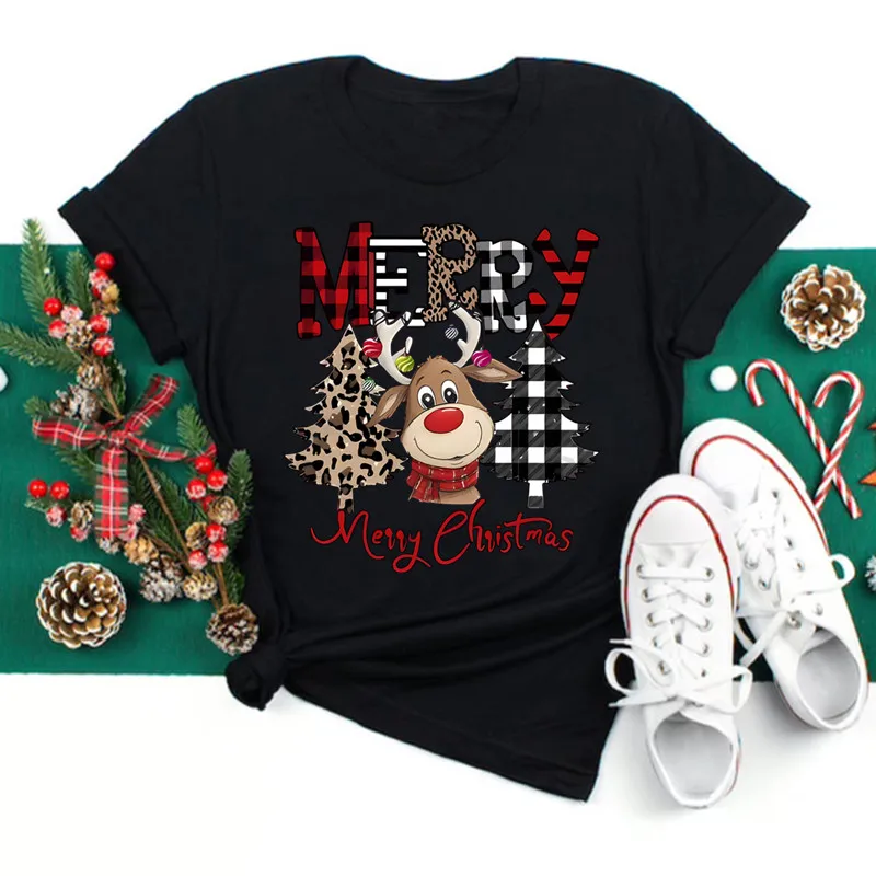 Cute Reindeer Leopard Print Women Christmas T Shirt Casual Cartoon Christmas Tree Graphic Short Sleeve Female T-Shirt