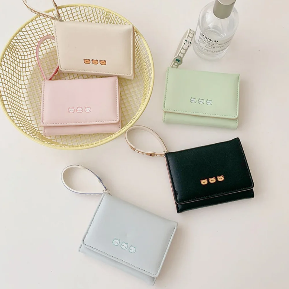 

New Pink Color Short Wallet With Hand Strap Solid Color Card Bag Cartoon Bear Cash Bag Women
