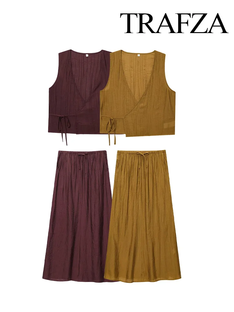 

TRAFZA 2025 Women Summer Wrinkle Bow Lace-up Decoration Skirt Suit V-Neck Sleeveless Slim Short Vest Top+Solid Pocket Midi Skirt