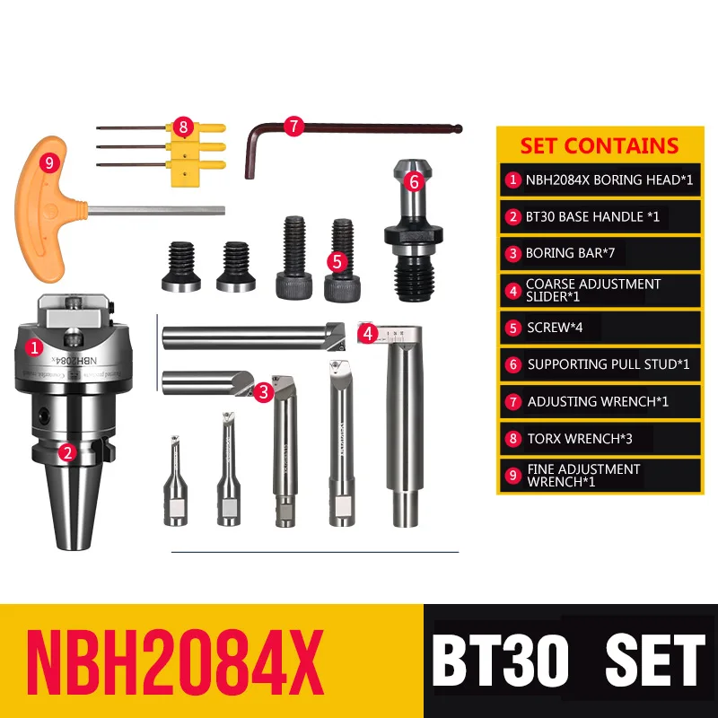 range 8-320mm BT30-NBH2084X high Precision 0.005 NBH2084 NBH2084X boring head with 7Ppcs XBJ boring bars CNC boring tools