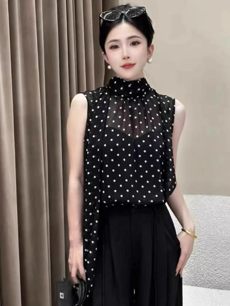 

Модная женская футболка с воротником-стойкой, лето 2020, прозрачный топ без рукавов в горошек и дышащий полиэстер Sa