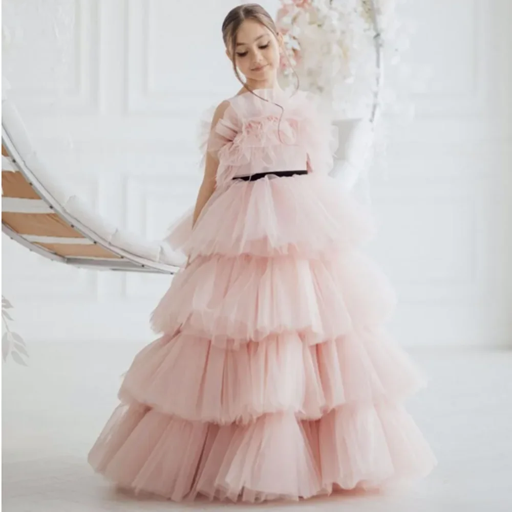Pink Princess Dress Puffy Sleeves Flower Girl Dresses for Wedding Robe A-Line First Comunion Dresses Custom Pageant Party Gowns