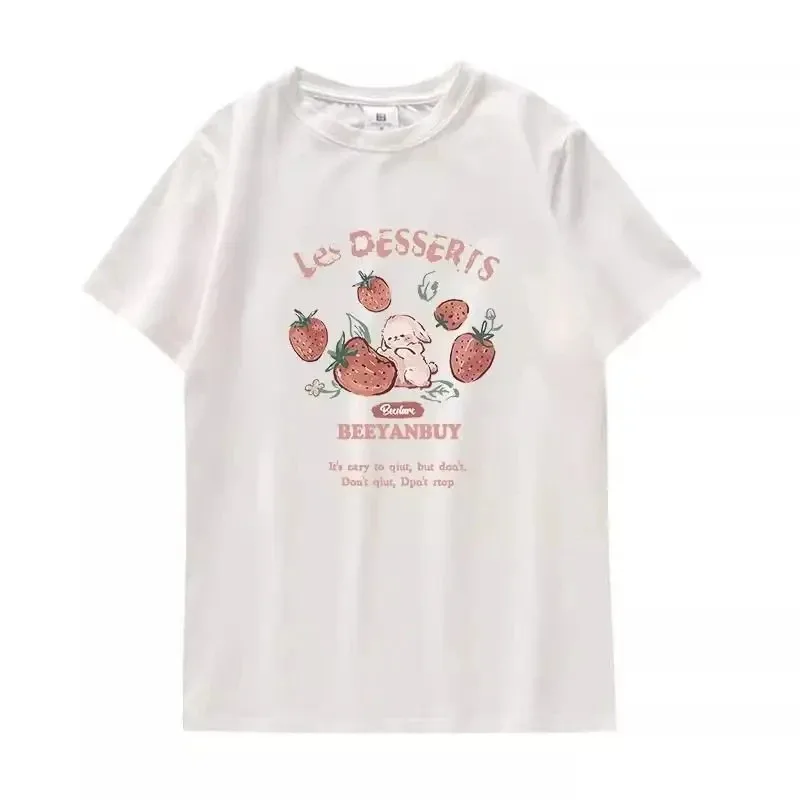 Y2k Aesthetics Summer New Cartoon Strawberry T-Shirt Harajuku Short Sleeve Loose Plus Size Top Women All Match Casual T-Shirts