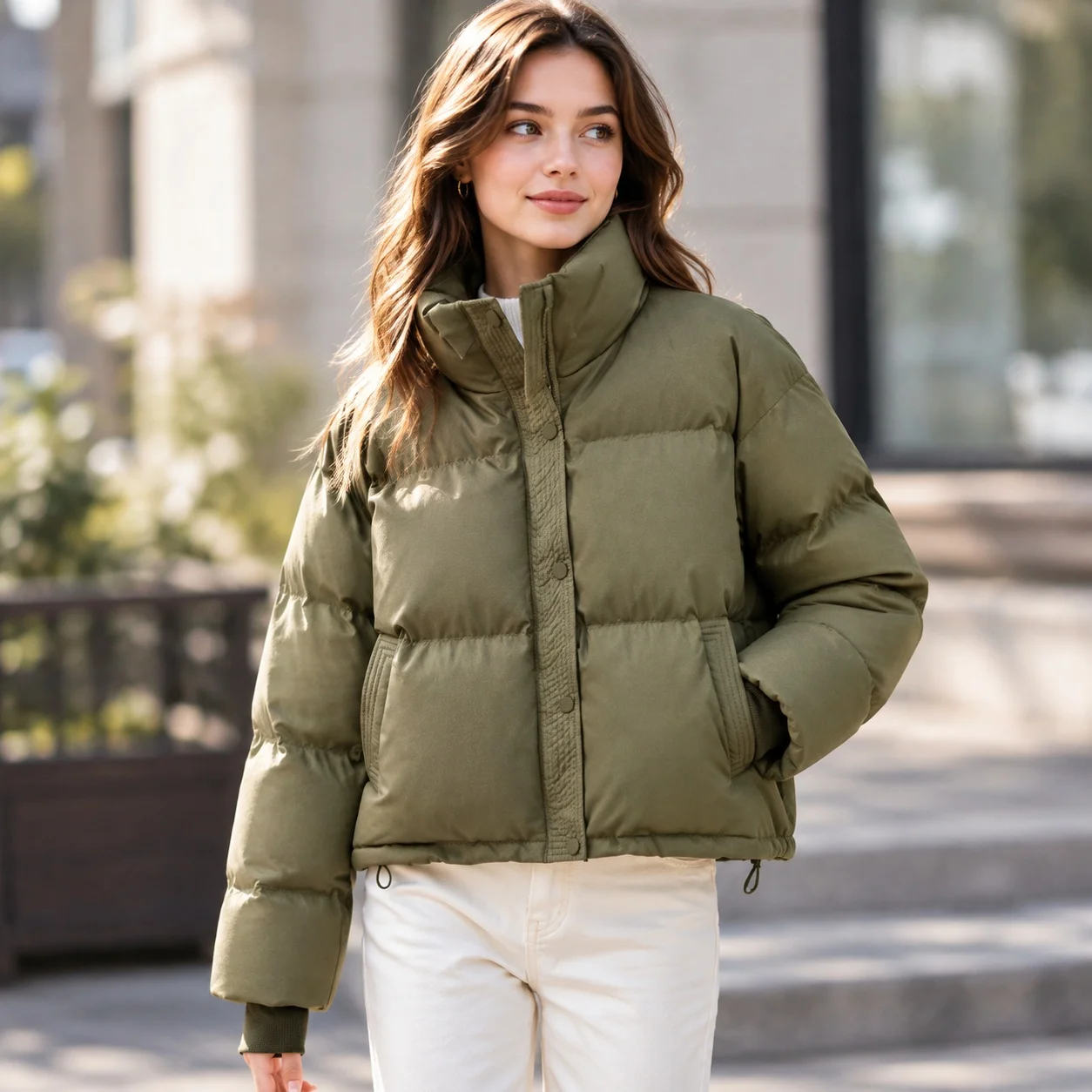 Long Sleeves No Pattern Coat Fitted Waist Girlfriend with Short Length Regular Sleeve Girlfriend Style Puffer Jacket for Women