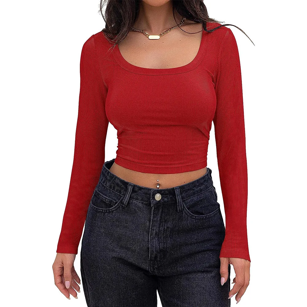 2024 Ladies Slim Stretch Threaded Pullover Long Sleeved Top Sexy Square Neck Skinny Fit Casual T-Shirts Women