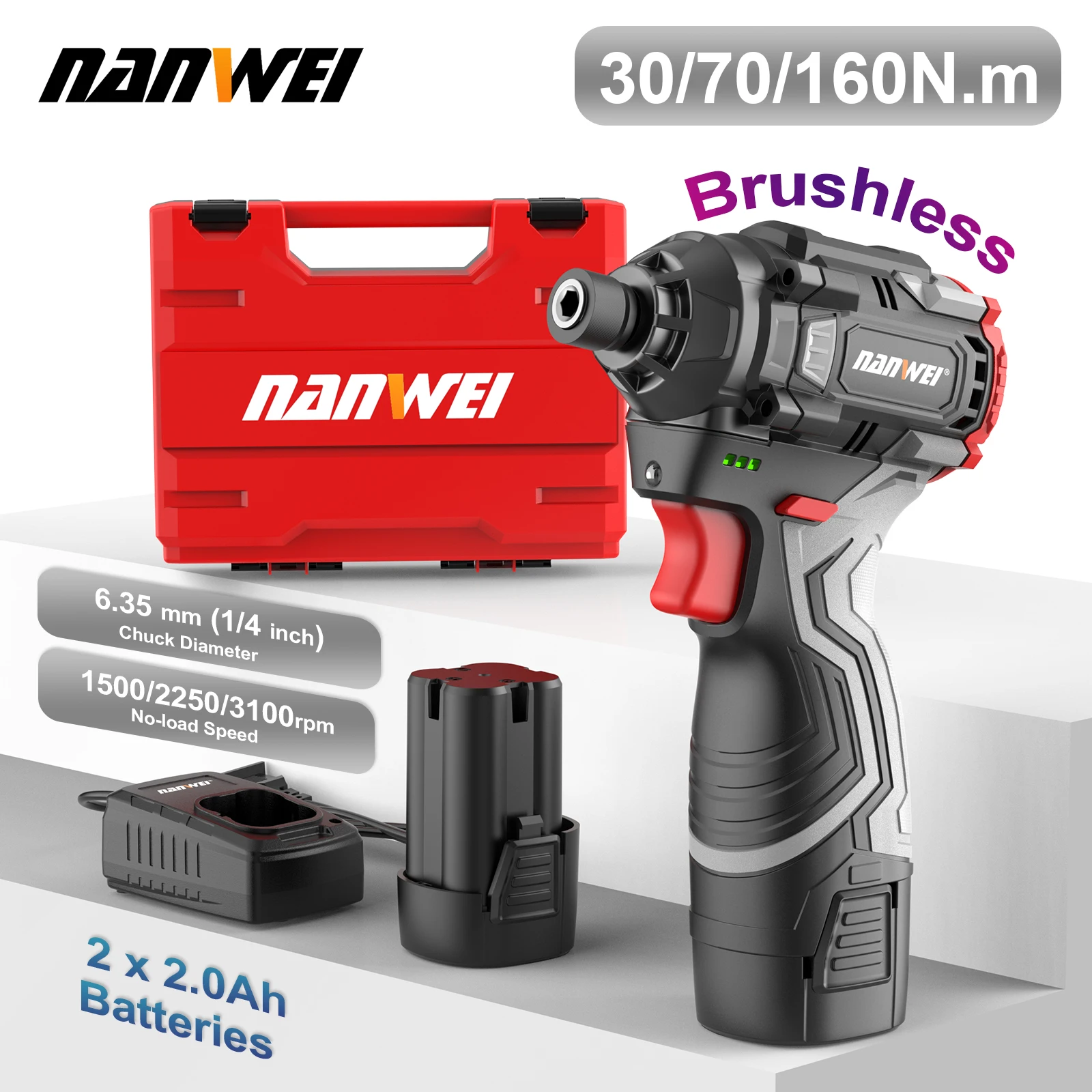 NANWEI Brushless Lithium-Ion Impact Screwdriver Electric Drill Rechargeable