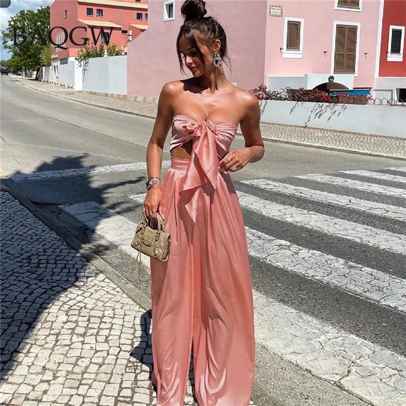 Summer Brighter Color Stain Women Two Piece Sets Bandages Bow Tie Crop Top and Wide Leg Pants Elegant OL Party Matching Sets