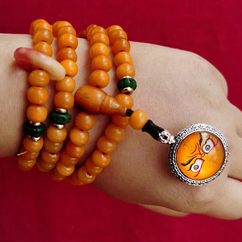 Zang-style old bone 8x6mm barrel beads, 108 Buddhist beads, integrated three-way connector, hanging ring, thangka, God of Wealth
