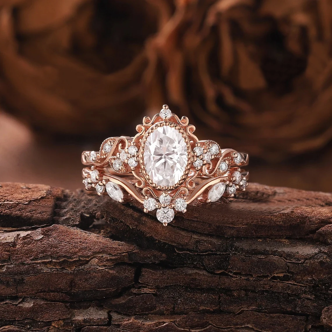 Retro Oval Moissanite Stackable Ring Set | Floral Vine Engagement Bride Ring Set in Rose Gold Color