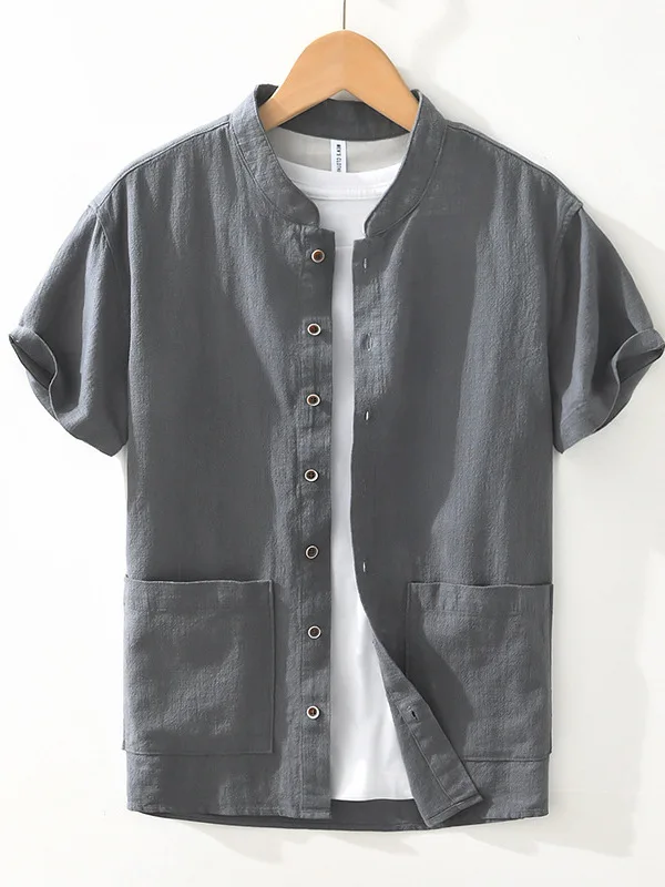 Loose Fit Linen Shirt Men's Breathable Summer New Style Cotton Linen Stand Collar Chinese National Style Pure Color Top Large