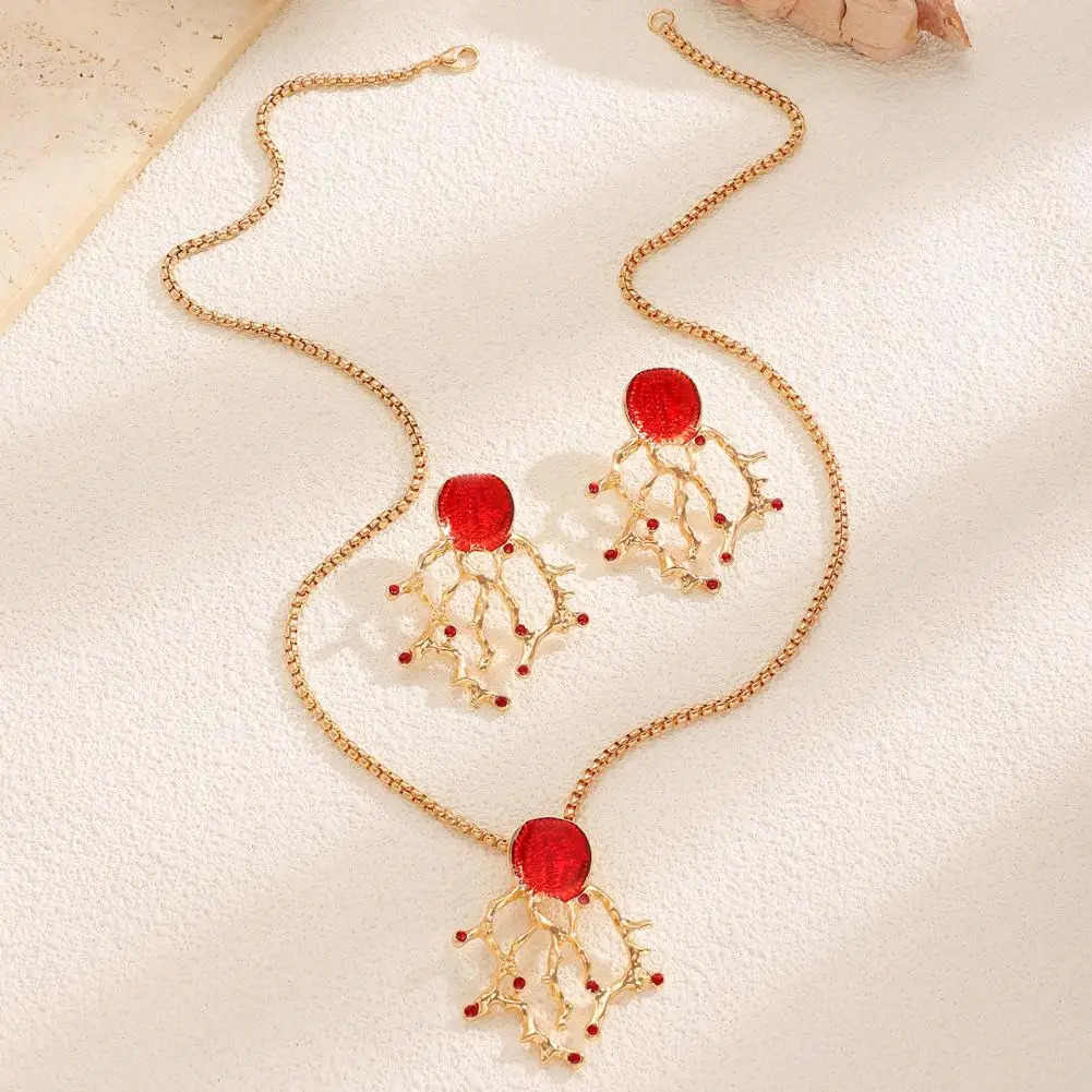 Faux Red Coral Drop Earrings And Necklace Textured Alloy Jewelry with Red Enamel Zircon Accents Ocean-Inspired Gift for Women