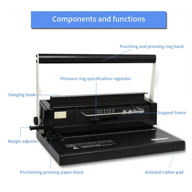 W12m Iron Ring Binding Machine 34 hole loose leaf iron ring punching machine double coil manual Wire binding machine