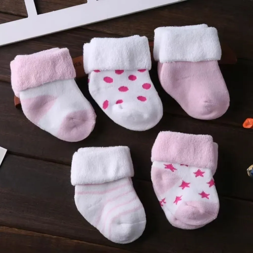 5 Pairs Cotton Short Socks Pink Blue Non-Skid Design Floor Stocking Polka Dot Stars Breathable Winter Socks for 0-3 Years Old