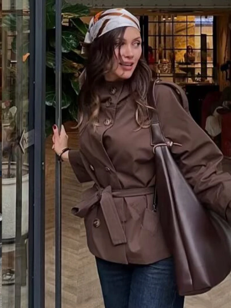 

HH женский новый модный однотонный двубортный плащ на шнуровке с карманами и длинным рукавом женский осенний повседневный уличный короткий пальто