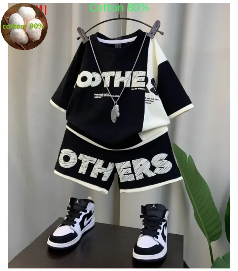 Korean Children\'s Clothes 2024 Summer Teenage Boy Letter Outfit New Kid Suit Thin Short Sleeves T-shirt + Shorts Two Piece Set