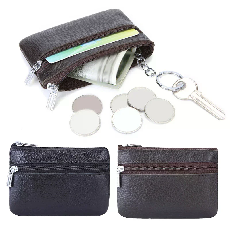 Leather 2 Zipper Coin Purse Wallet With Card Slots, Coin Organizer, Change Holder,Card Case, Leather Zipper Storage Bag For Men