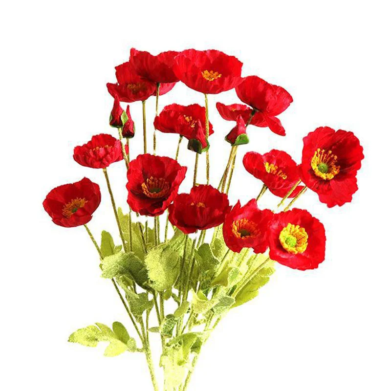 4 Heads Poppy Flowers Artificial Silk Poppy for Home Office Centerpiece Table Living Room Wedding Decoration Fake Flower Bouquet