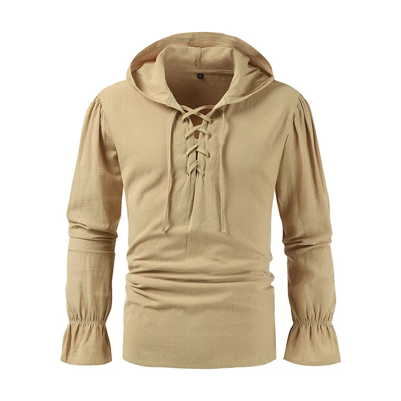 

Men's Cotton Hemp Long Sleeve Hoodies Casual Drawstring Stand Up Neck Elegant Social Shirts For Men Tops