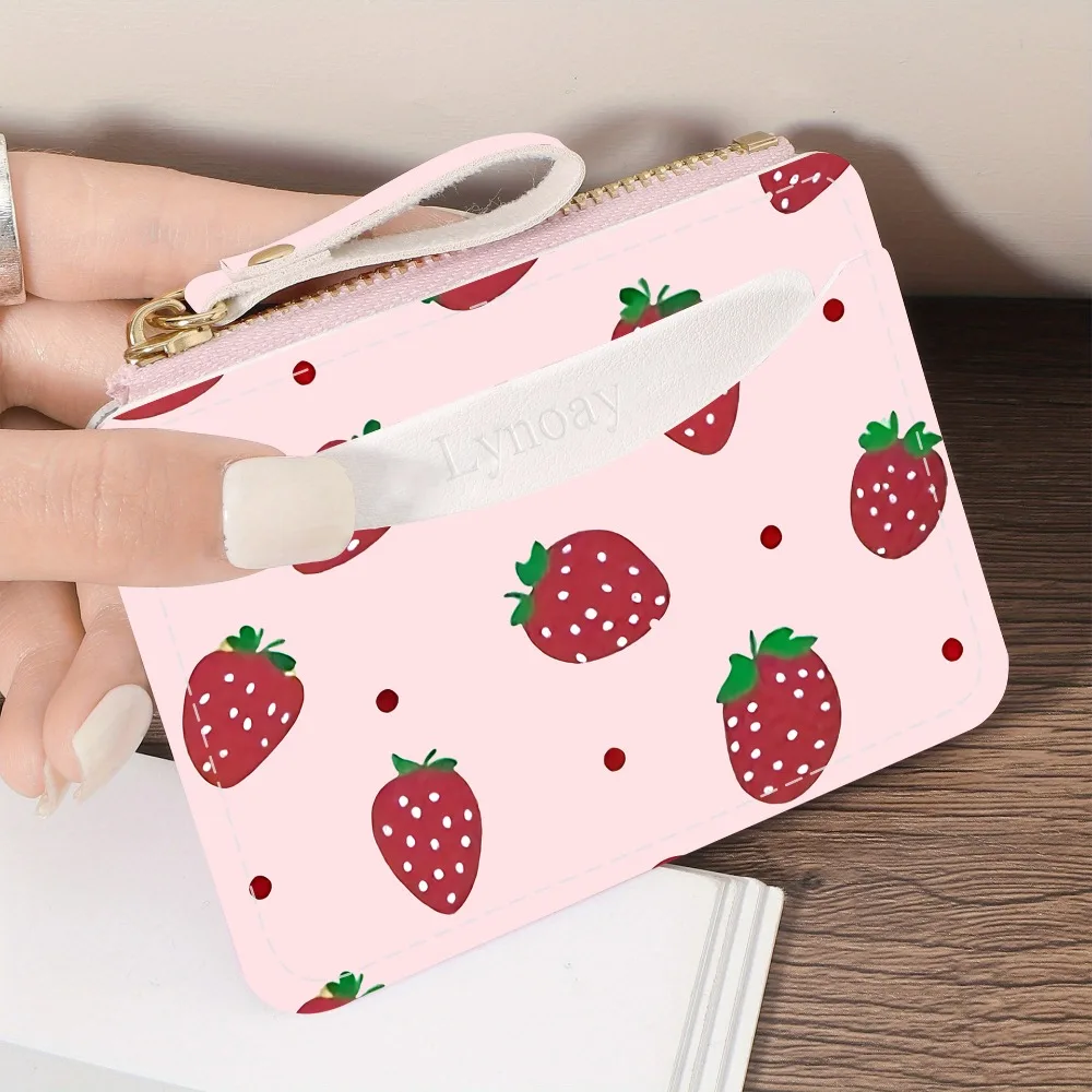 Simple Strawberry Print Card Clip Wallet Zipper Lightweight Coin Pocket Wallet Ultra-thin Credit Card Holder for Women Girls