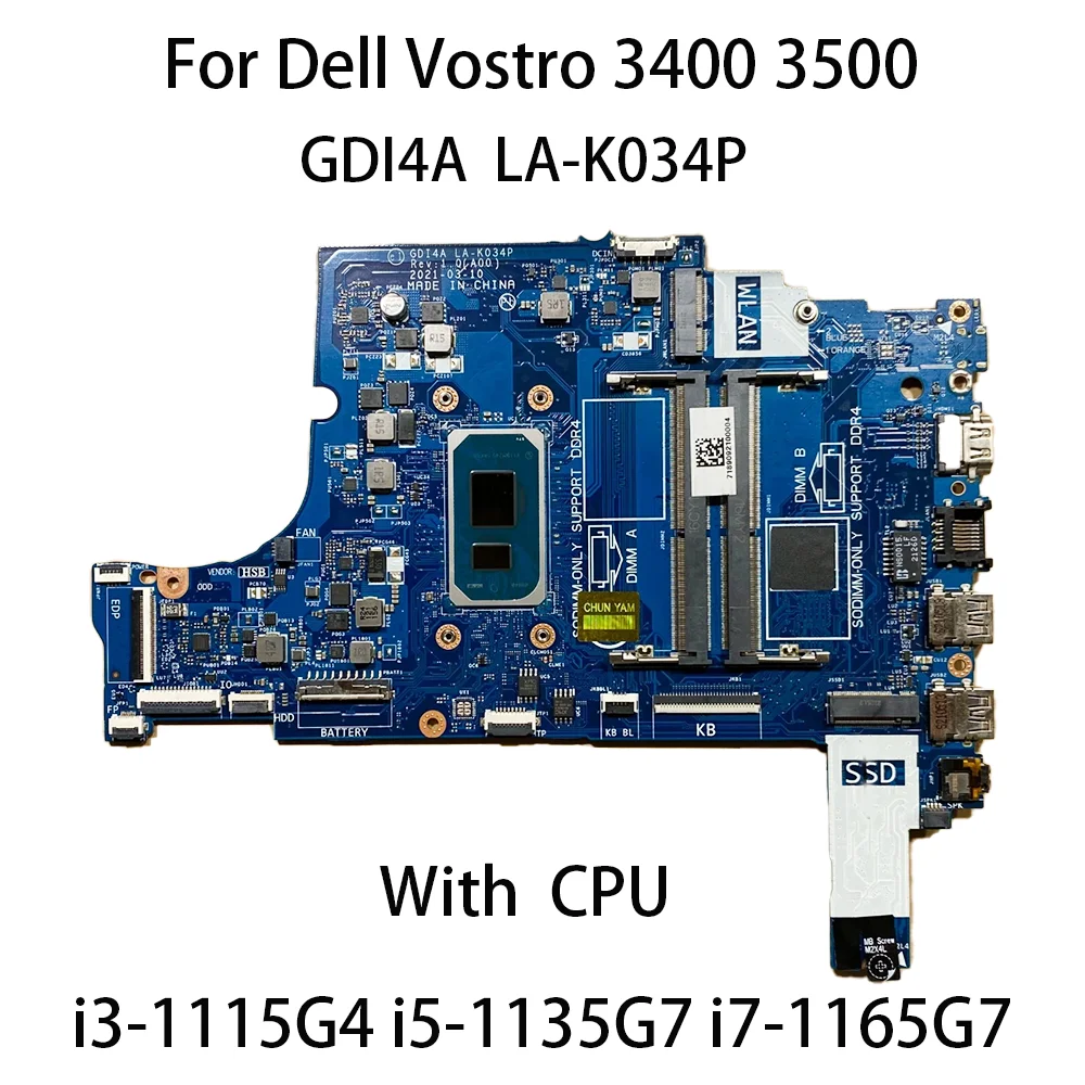 

Laptop Motherboard GDI4A LA-K034P For Dell Vostro 3400 3500 Inspiron 3501 3401 With CPU I3-1115G4 I5-1135G7 I7-1165G7 100%Test