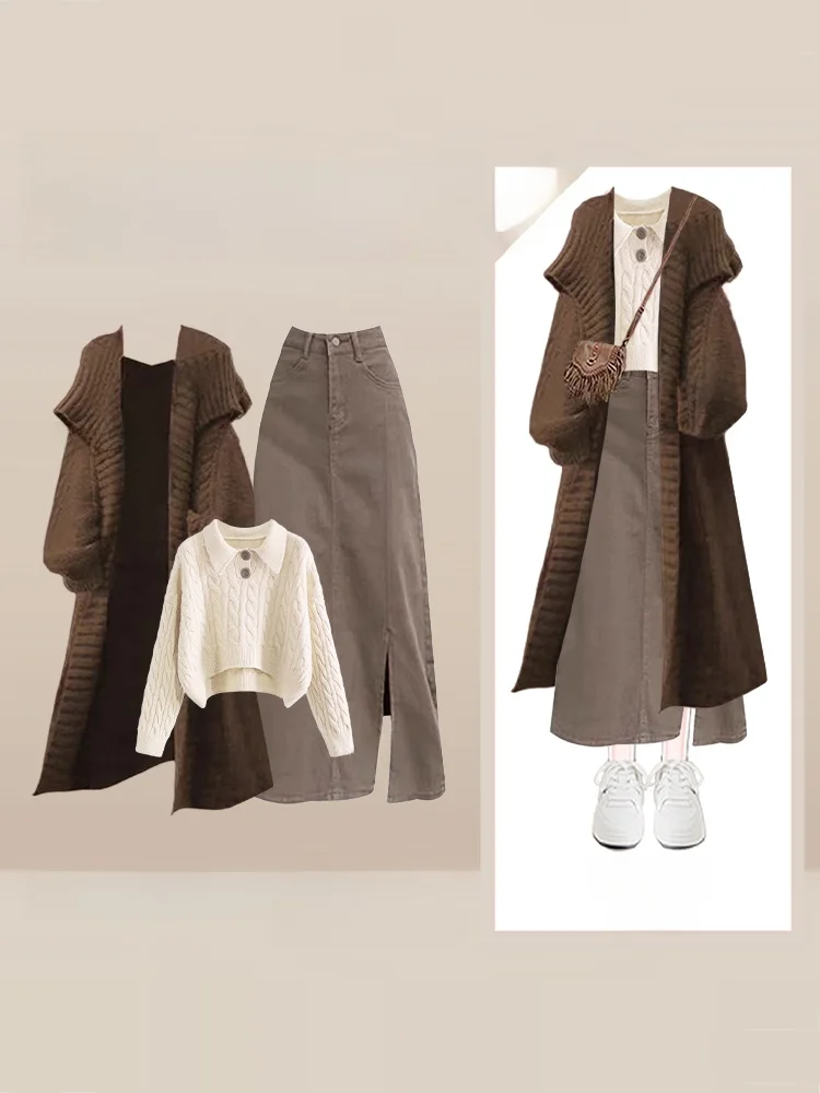 여성 가을 캐주얼 니트 자켓 루즈핏 미디 스커트 세트 라운드 넥 롱 슬리브 한국 스타일 패션