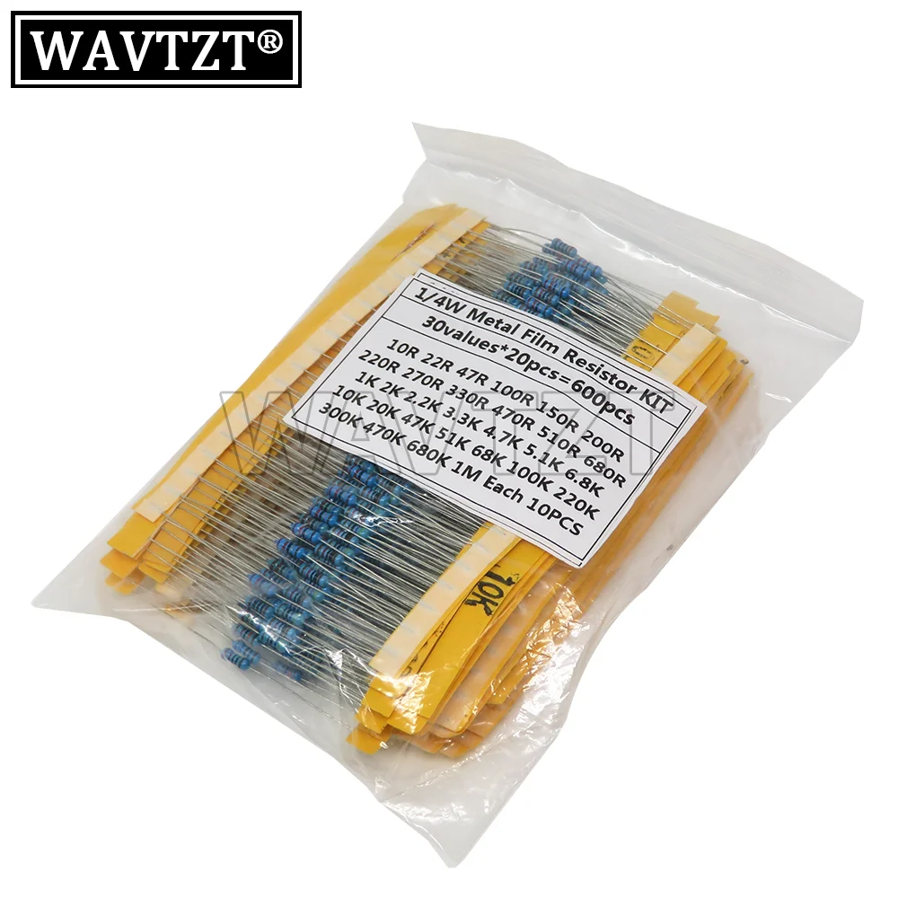 Resistência 1% Metal Film Resistor Pack, sortidas Kit, 30 Tipos, 1K, 10K, 100K, 220Ohm, resistores 1M, 300Pcs, 600Pcs Set, 1 4W