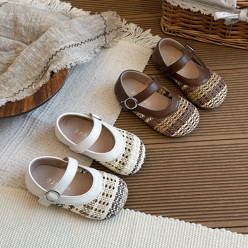 Spring Girl's Casual Shoes Braided Hollow Out Fashion Daily Kid's Flat Shoe Beige Brown Anti-slip Versatile Light Children Shoes