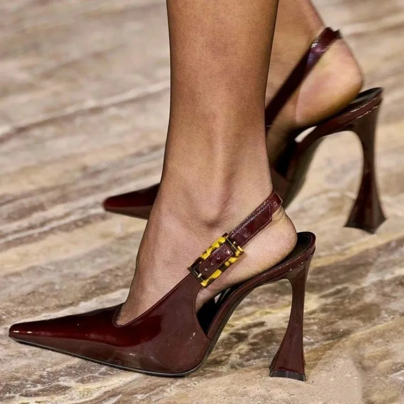 2024 new Baotou Sandals Women\'s Spring New Pointed Back Empty Single Shoes Lacquer Leather Thin Heels Sexy Fashion High Heels