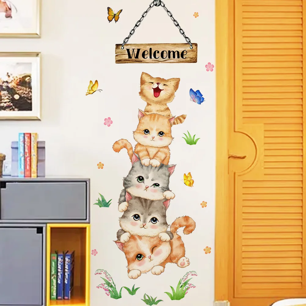 Autocollant Mural de bienvenue à cinq chats, papier peint auto-adhésif, décoration de porte de chambre d\'enfant, décoration de maison