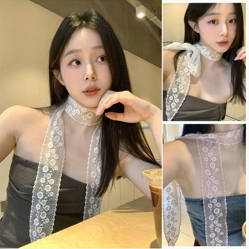 

Fashion Long Skinny Ribbon Lace Scarf Floral Embroidery Solid Color Decorative Belt Thin Tie Up Neckerchief