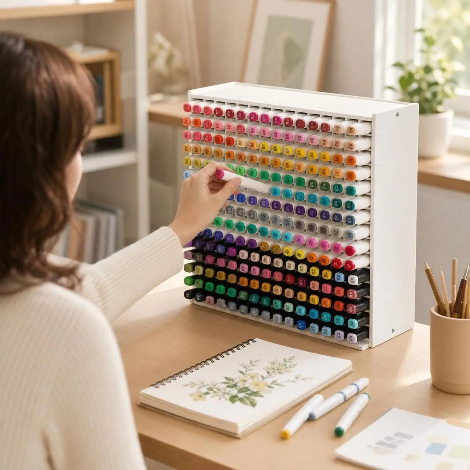 Desk Storage Organizer Rotating Marker Rack PVC Pen Holder with Compartments for Creative Workspace Supplies