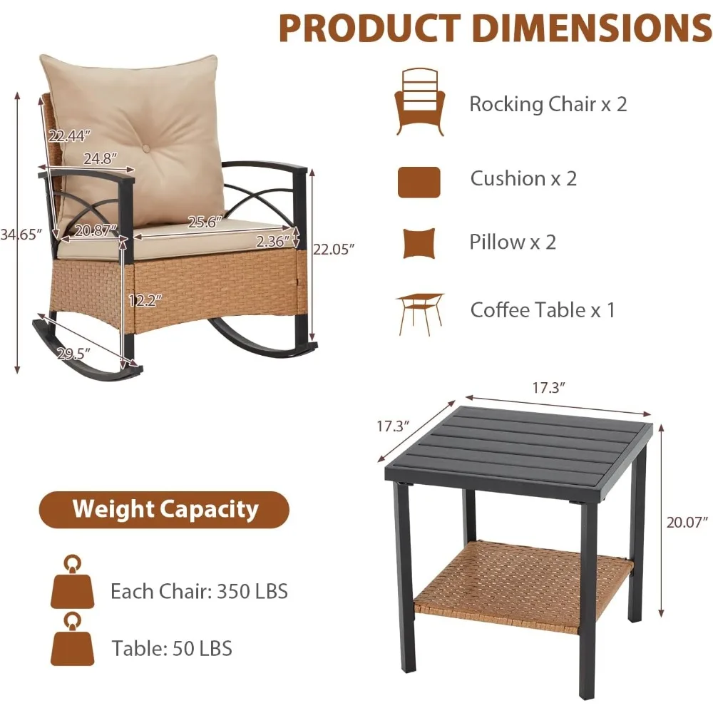

3-piece terrace furniture set, outdoor rocking chair with thick padding, and double decker coffee table