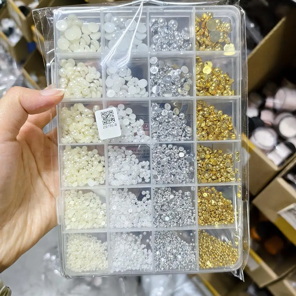 24Grids(4500Pcs) 3D Half-Round Pearl Nail Charms Mixed 2/3/4/5/6/8mm Caviar Beads Nail Art Decorations DIY Manicure Accessories