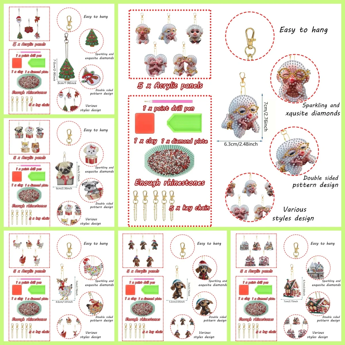 5-Piece Diamond Painting Set Keychain Christmas Series Acrylic Material Is Very Suitable for Bag Ornaments, Christmas Gifts
