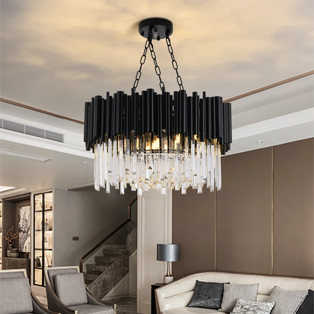 K9 Crystal Postmodern LED Chandelier Black Tube Round Hanging Lamp for Living Dining Room Villa Loft Luxury Home Decor Luminaria