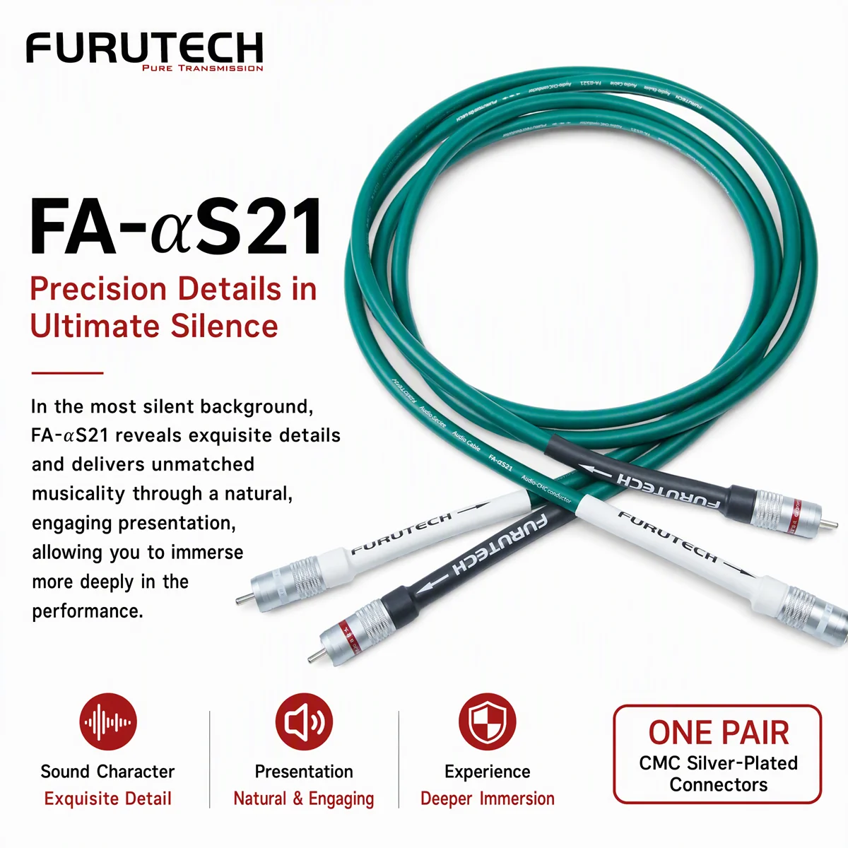Furutech FA-αS21 Alpha OCC Single Crystal Copper HiFi Interconnect Cable, Audiophile RCA Signal Wire for Preamp DAC Amplifier