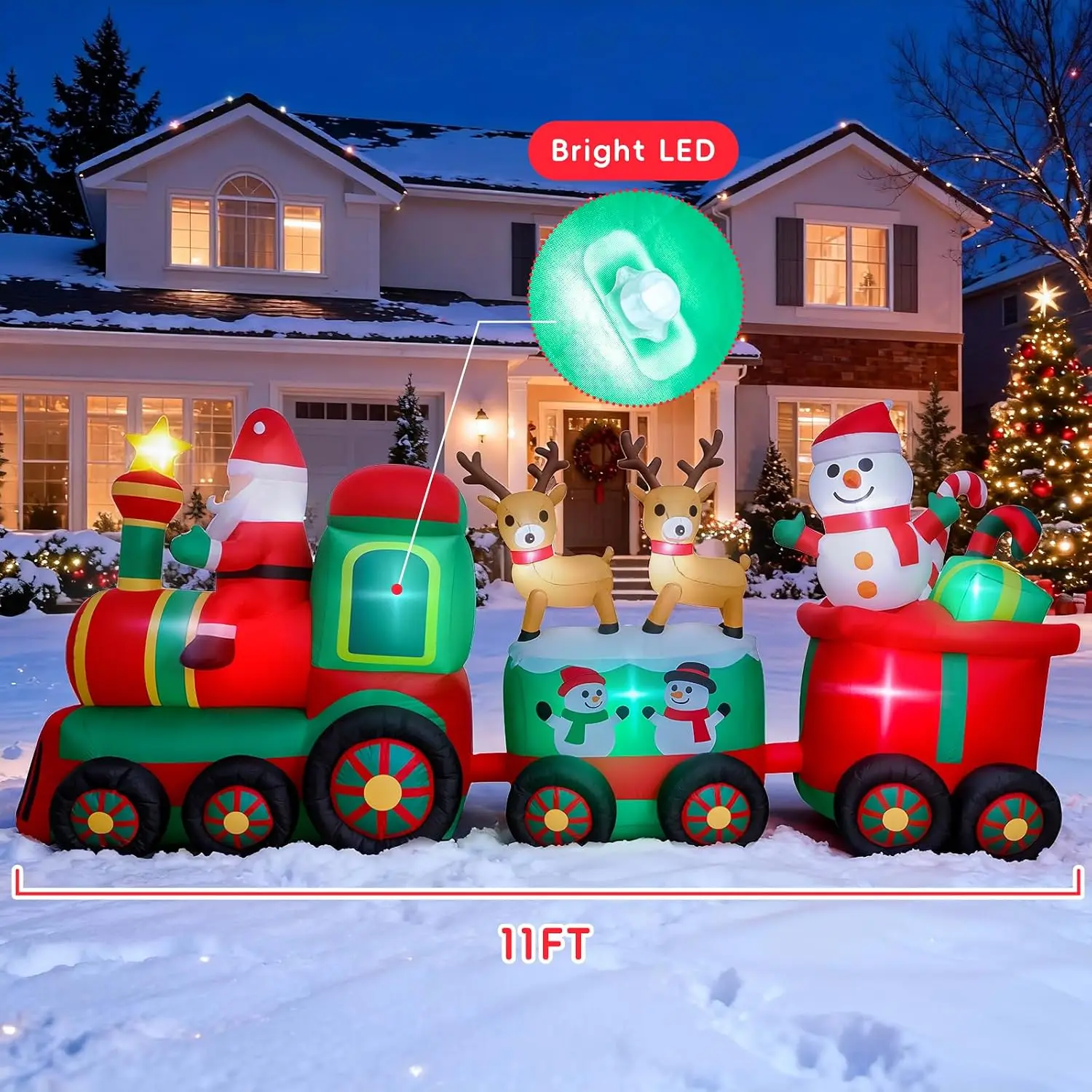 Christmas Train Inflatable 11 FT Long with Santa Claus Reindeer Snowman Outdoor Yard Decorations with Built-in LEDs for Holiday