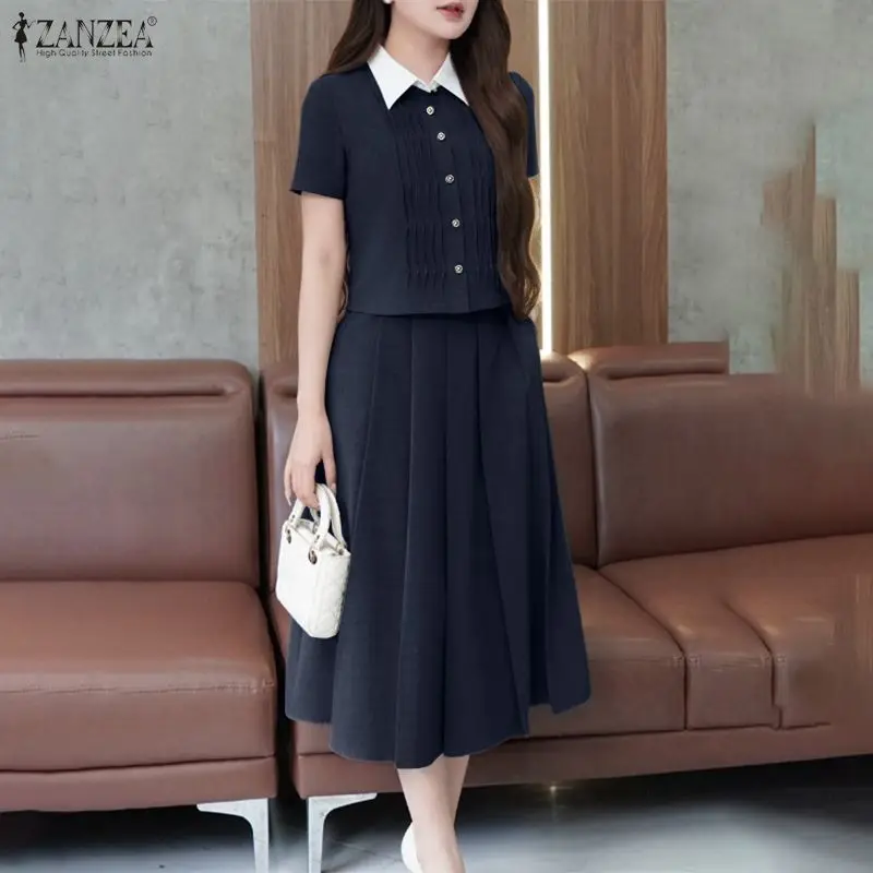 2026 ZANZEA Sommer 2-teilige Sets Elegante Kurzarm-Hemdblusen-Kleider-Sets Büro-Damen-Outfit Stilvoller A-Linien Plissierter Midi-Rock-Anzug