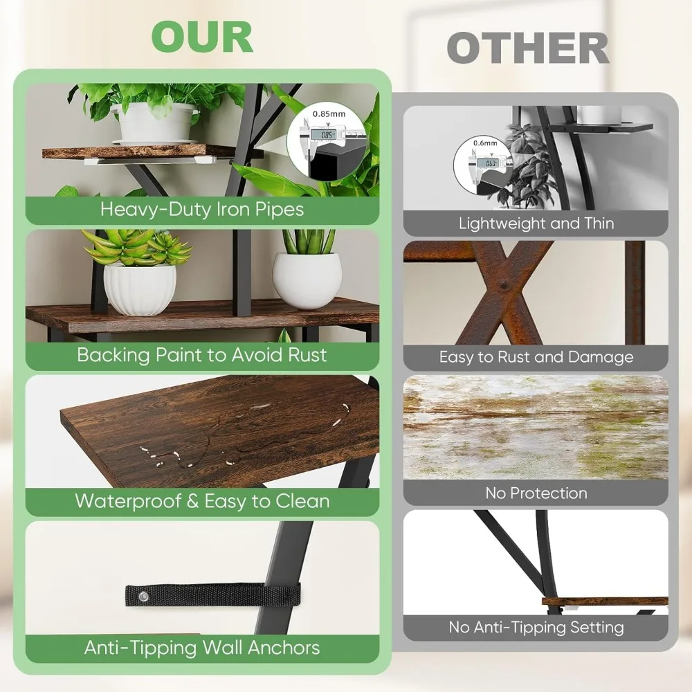 حامل نباتات داخلي طويل القامة 64 بوصة مع أضواء للنمو، رف على شكل حرف S من 8 طبقات لديكور المنزل والفناء #6