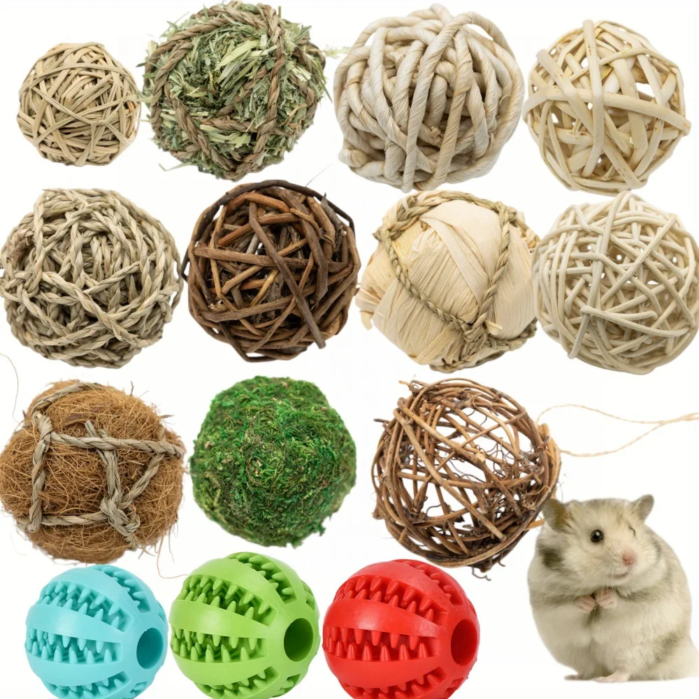 10 PCS Small Pet Chew Toy Set Hamster Grass Ball Parrot Foraging Ball Toy Woven Grass Ball for Hamster Parakeet Budgie Cockatiel