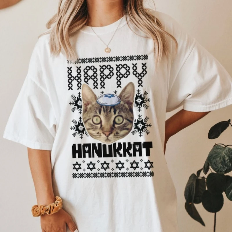 Custom Hanukkah Cotton T-Shirt Funny Cat Photo for Cat Owner Hanukkat Shirt Tops Casual Fashion Women Men Cotton T-shirts Tee