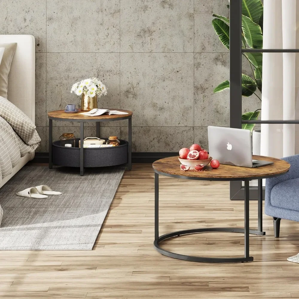 Rustic Brown Coffee Tables for Living Room Table Serving Coffee Small Circle Table With Storage for Small Space Furnitures Coffe